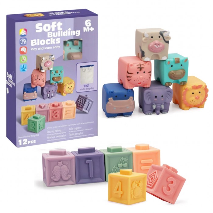 Сет од 12 меки коцки со Животни и Броеви