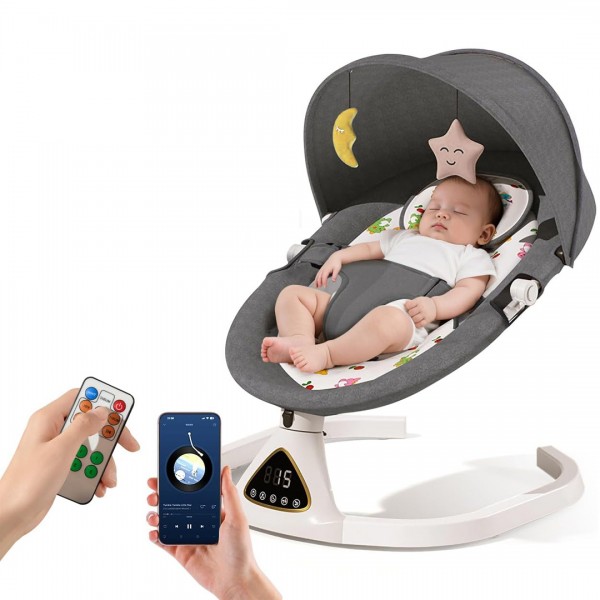 Бебешки релаксатор сив со bluetooth и далечинско