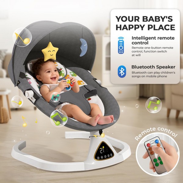 Бебешки релаксатор сив со bluetooth и далечинско